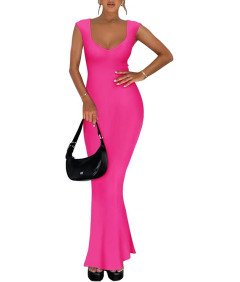 REORIA Sukienka Elegancka Maxi Prążkowana Smukła Krótki Rękaw Różowa M