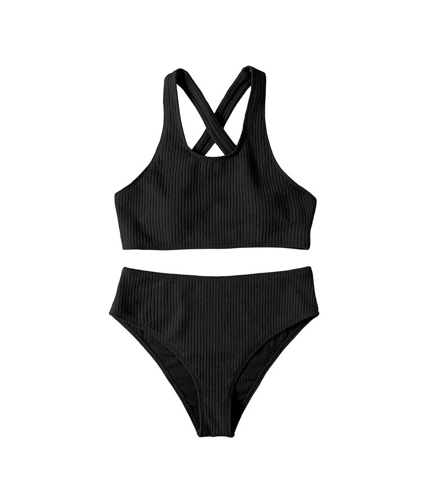 Damski Kostium Kąpielowy Dwuczęściowy Na Ramiączkach Wysoki Stan Czarny XS