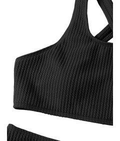 Damski Kostium Kąpielowy Dwuczęściowy Na Ramiączkach Wysoki Stan Czarny XS