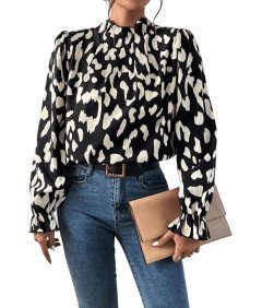 GORGLITTER Damska Bluzka Koszulka z Falbankami Długi Rękaw Czarno-biała M