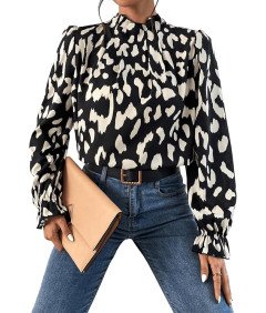 GORGLITTER Damska Bluzka Koszulka z Falbankami Długi Rękaw Czarno-biała M