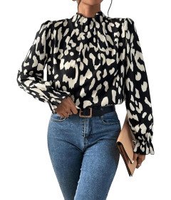 GORGLITTER Damska Bluzka Koszulka z Falbankami Długi Rękaw Czarno-biała M