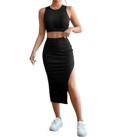 GORGLITTER Komplet Damski Crop Top Koszulka i Spódnica Elegancka Czarna L