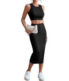 GORGLITTER Komplet Damski Crop Top Koszulka i Spódnica Elegancka Czarna L