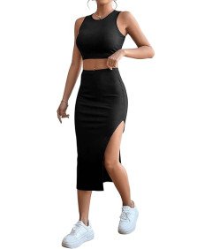 GORGLITTER Komplet Damski Crop Top Koszulka i Spódnica Elegancka Czarna L