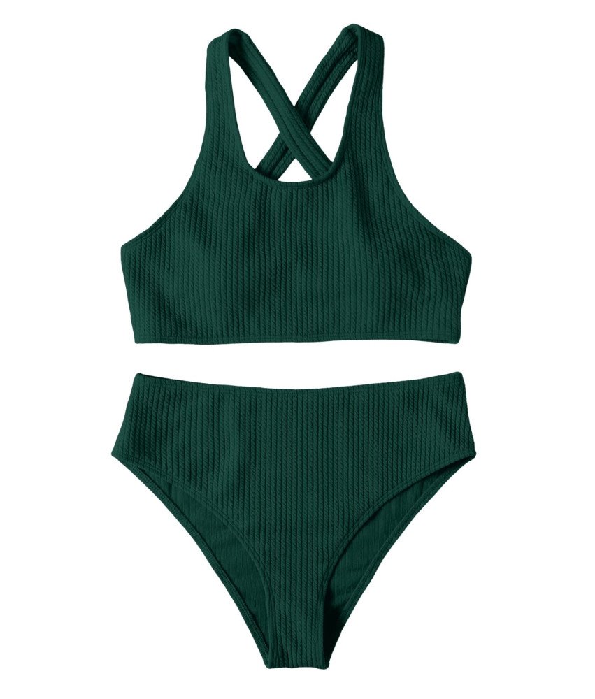 Damski Kostium Kąpielowy Dwuczęściowy Na Ramiączkach Wysoki Stan Zielony S