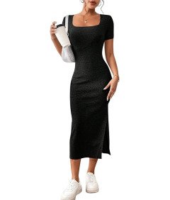 GORGLITTER Sukienka Elegancka Midi z Krótkim Rękawem z Rozcięciem Czarna S