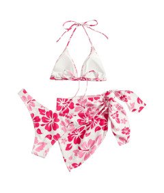 Damski Strój Kąpielowy Dwuczęściowy Kostium Bikini z Chustą Różowy XS