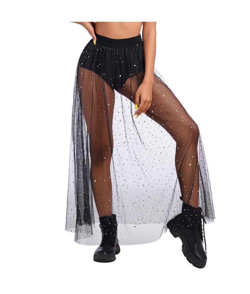 Damska Spódnica Maxi Tiulowa Prześwitująca Brokatowa Festiwalowa Czarna L