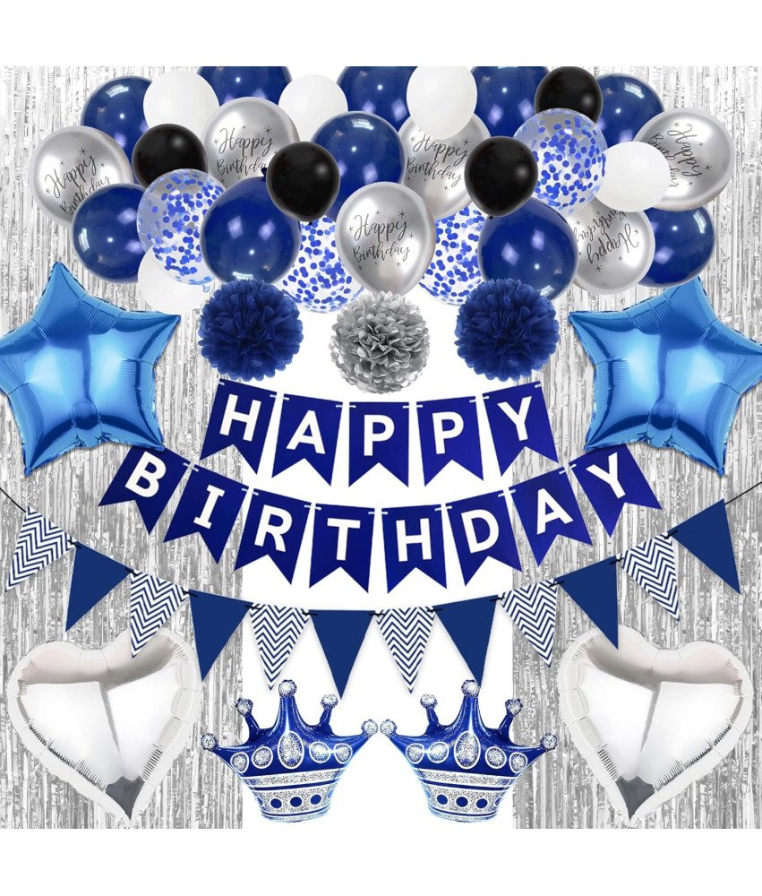 Zestaw Dekoracji Urodzinowych Niebiesko Srebrny Komplet na Przyjęcie