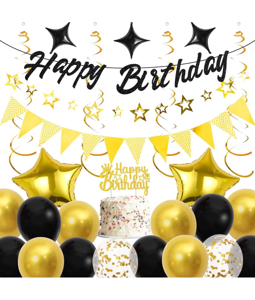 Zestaw Balonów Urodzinowych Czarno Złoty Baner Happy Birthday Balony