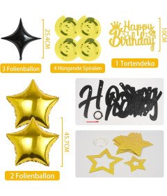 Zestaw Balonów Urodzinowych Czarno Złoty Baner Happy Birthday Balony