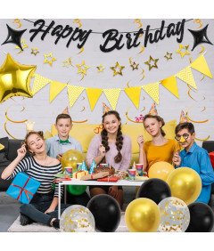Zestaw Balonów Urodzinowych Czarno Złoty Baner Happy Birthday Balony