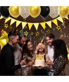 Zestaw Balonów Urodzinowych Czarno Złoty Baner Happy Birthday Balony