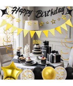 Zestaw Balonów Urodzinowych Czarno Złoty Baner Happy Birthday Balony