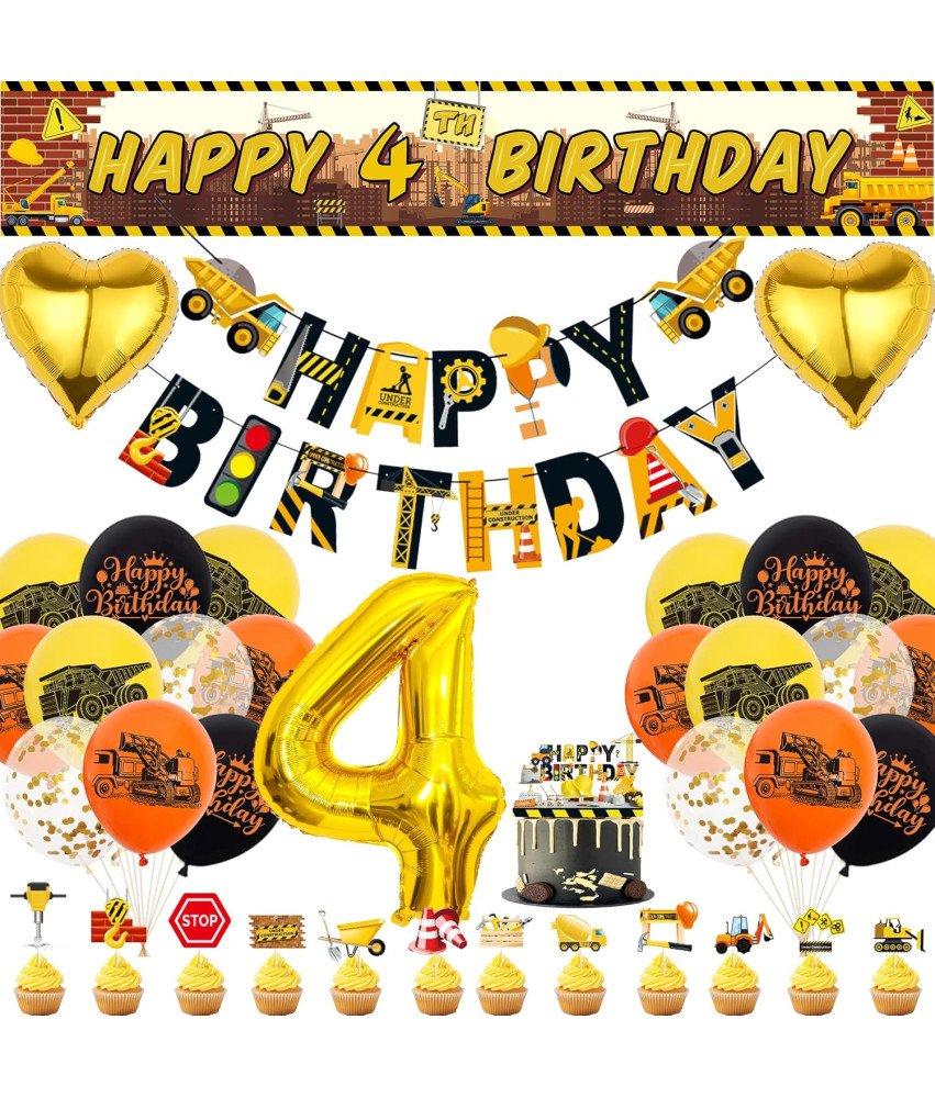 Zestaw Dekoracji Urodzinowych z Koparką Balony Budowlane 4 Urodziny Chłopca