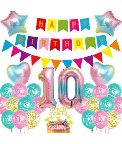 Zestaw Dekoracji Urodzinowych Różowy Balon 10 Urodziny Tęczowy Baner