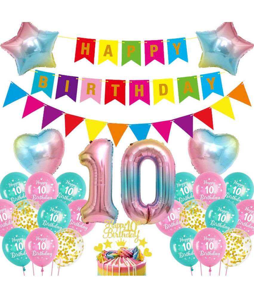 Zestaw Dekoracji Urodzinowych Różowy Balon 10 Urodziny Tęczowy Baner