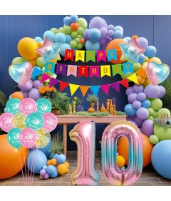 Zestaw Dekoracji Urodzinowych Różowy Balon 10 Urodziny Tęczowy Baner