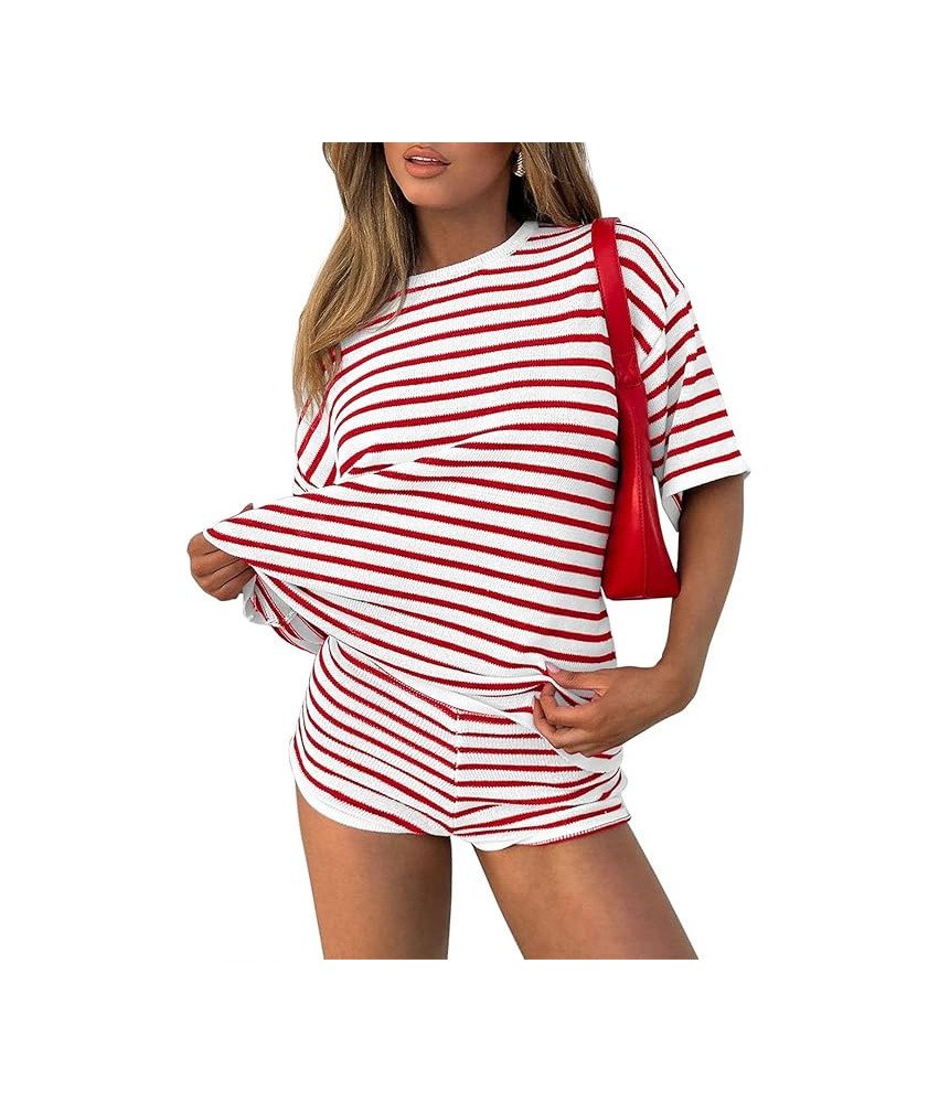 Damski Dres Dwuczęściowy Komplet w Paski Krótki Rękaw Czerwony S