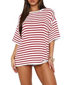 Damski Dres Dwuczęściowy Komplet w Paski Krótki Rękaw Czerwony S