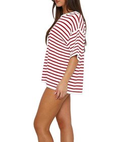 Damski Dres Dwuczęściowy Komplet w Paski Krótki Rękaw Czerwony S