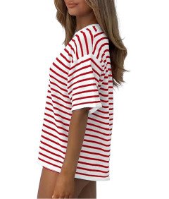 Damski Dres Dwuczęściowy Komplet w Paski Krótki Rękaw Czerwony S