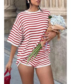 Damski Dres Dwuczęściowy Komplet w Paski Krótki Rękaw Czerwony S