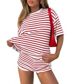 Damski Dres Dwuczęściowy Komplet w Paski Krótki Rękaw Czerwony XL