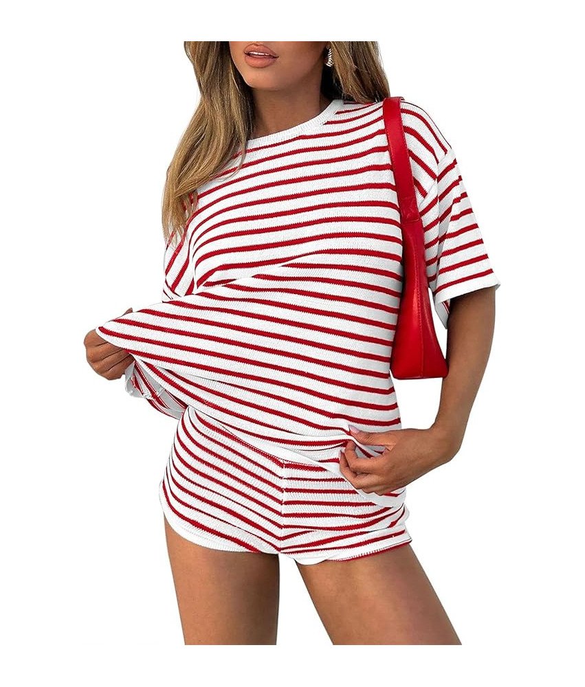 Damski Dres Dwuczęściowy Komplet w Paski Krótki Rękaw Czerwony XL