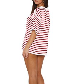 Damski Dres Dwuczęściowy Komplet w Paski Krótki Rękaw Czerwony XL