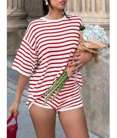 Damski Dres Dwuczęściowy Komplet w Paski Krótki Rękaw Czerwony XL