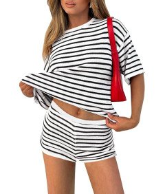 Damski Dres Dwuczęściowy Komplet w Paski Krótki Rękaw Czarny XL