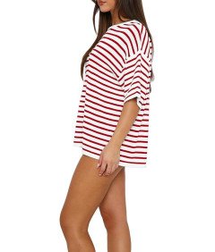 Damski Dres Dwuczęściowy Komplet w Paski Krótki Rękaw Czerwony L