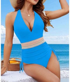 Damski Kostium Kąpielowy Jednoczęściowy Modelujący Brzuch Niebieski XXL