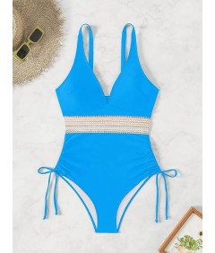 Strój Kąpielowy Damski Jednoczęściowy z Wysokim Stanem Niebieski M