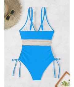 Strój Kąpielowy Damski Jednoczęściowy z Wysokim Stanem Niebieski M