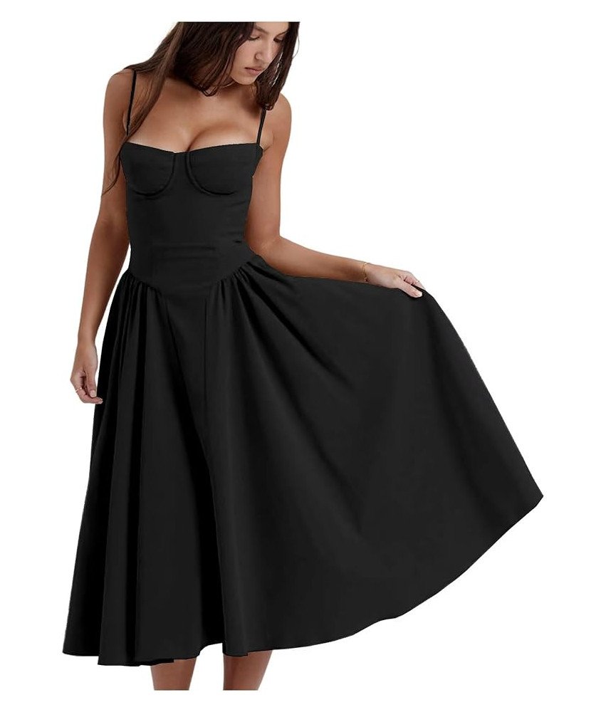 Długa Sukienka Damska Letnia na Ramiączkach Czarna Przyjęcie Bal S