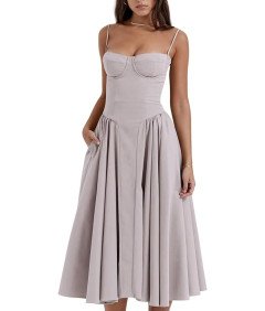 Jinsha Damska Sukienka Vintage Midi Letnia Bez Rękawów Szara M