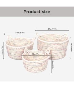 Zestaw 3 Koszyków Dekoracyjnych w Kształcie Kocich Uszu z Bawełnianej Liny