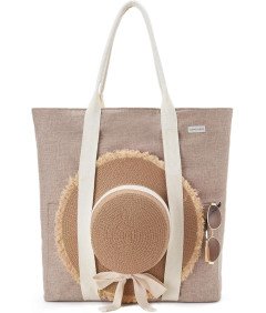 Torba Plażowa Damska z Zamkiem Błyskawicznym Beżowa z Uchwytem na Kapelusz