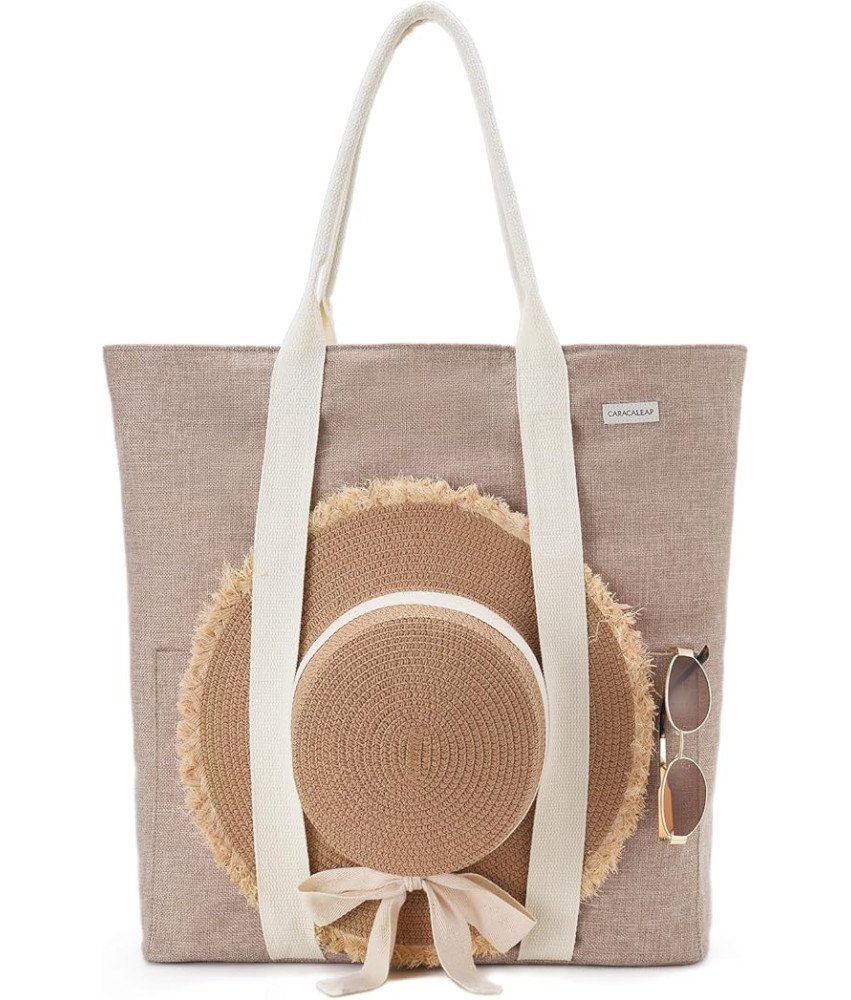 Torba Plażowa Damska z Zamkiem Błyskawicznym Beżowa z Uchwytem na Kapelusz