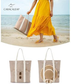 Torba Plażowa Damska z Zamkiem Błyskawicznym Beżowa z Uchwytem na Kapelusz