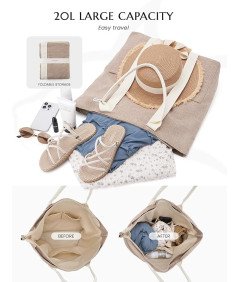 Torba Plażowa Damska z Zamkiem Błyskawicznym Beżowa z Uchwytem na Kapelusz