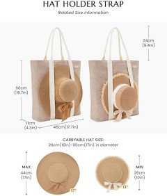 Torba Plażowa Damska z Zamkiem Błyskawicznym Beżowa z Uchwytem na Kapelusz