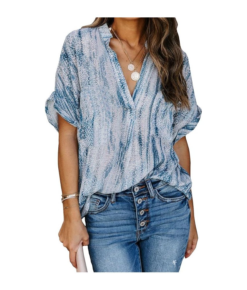 Bluzka Damska Letnia z Dekoltem w Serek i Krótkim Rękawem Niebieska XL