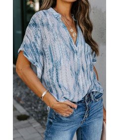 Bluzka Damska Letnia z Dekoltem w Serek i Krótkim Rękawem Niebieska XL