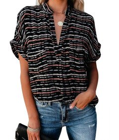 AOISAGULA Bluzka Damska Letnia Luźna Krótki Rękaw Dekolt w Serek Czarna S