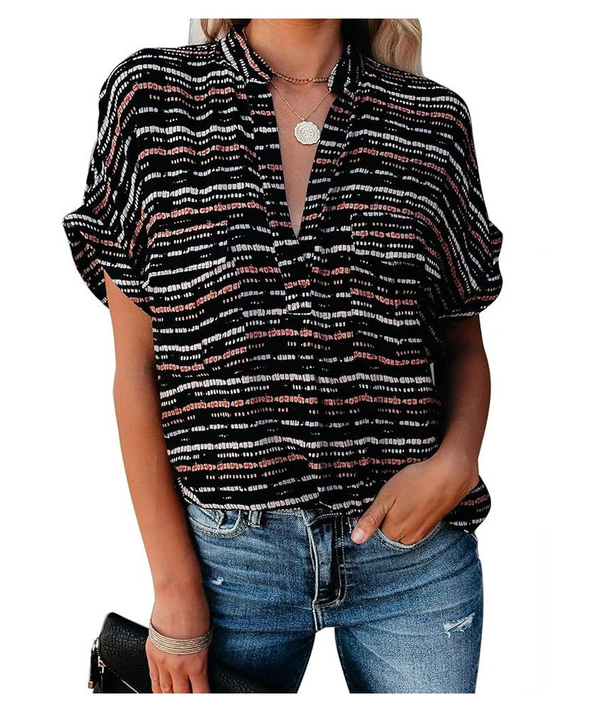 AOISAGULA Bluzka Damska Letnia Luźna Krótki Rękaw Dekolt w Serek Czarna S