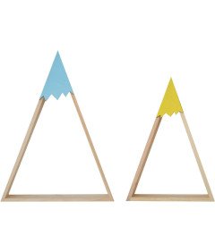 Półki Ścienne Drewniane Trójkątne Niebieska Żółta 2 Sztuki Pokój Dziecięcy